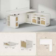 White L-shaped desk shown in a dimension diagram with storage views