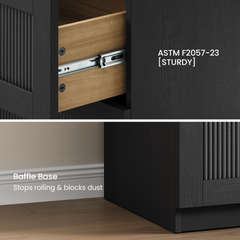 Two-panel close-up shows a metal drawer slide and the recessed base of a black ribbed cabinet with text labels