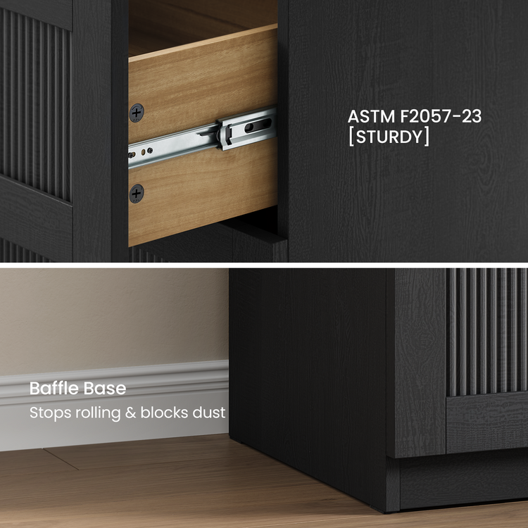 Two-panel close-up shows a metal drawer slide and the recessed base of a black ribbed cabinet with text labels