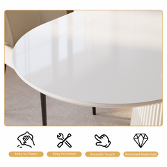 Close-up of a glossy white tabletop with a curved edge and a fluted white base, above icons of a wiping hand, crossed tools, a hand and a diamond.
