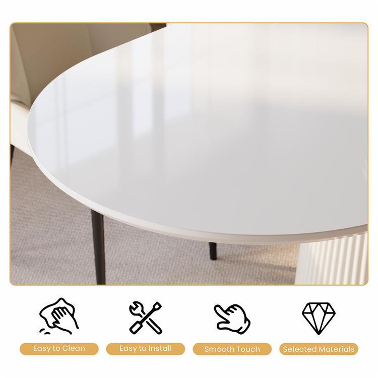 Close-up of a glossy white tabletop with a curved edge and a fluted white base, above icons of a wiping hand, crossed tools, a hand and a diamond.