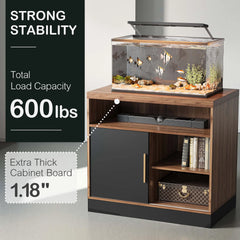 Dark wood-grain aquarium stand has open shelving and one black cabinet door, Cabinet board thickness is 1.18 in