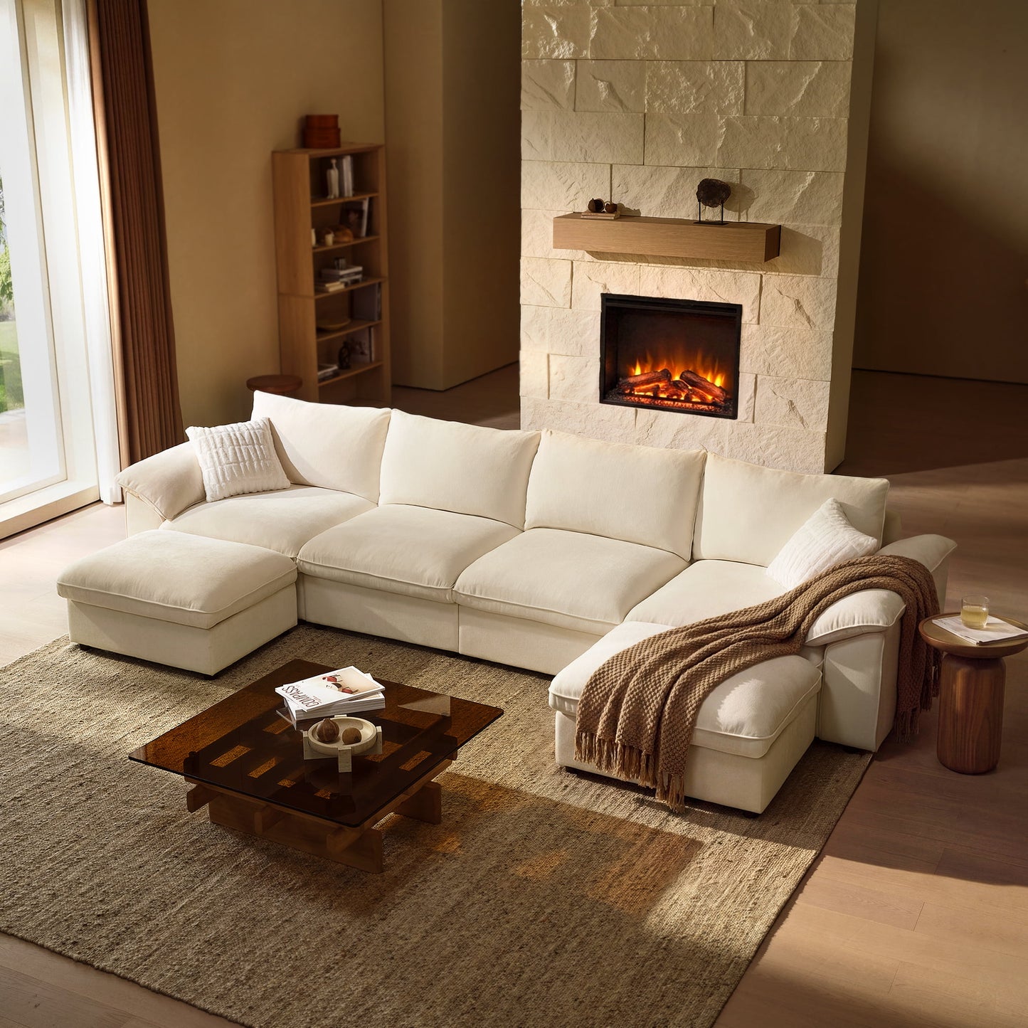 Dreamboat Modular Chenille U-Shape Sofa with Storage Ottoman,Beige