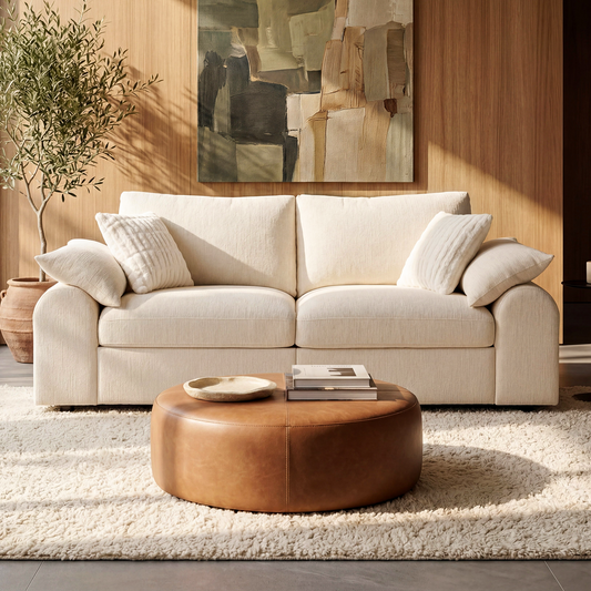 Front view of a cream-colored sofa with two seat cushions and wide rounded arms