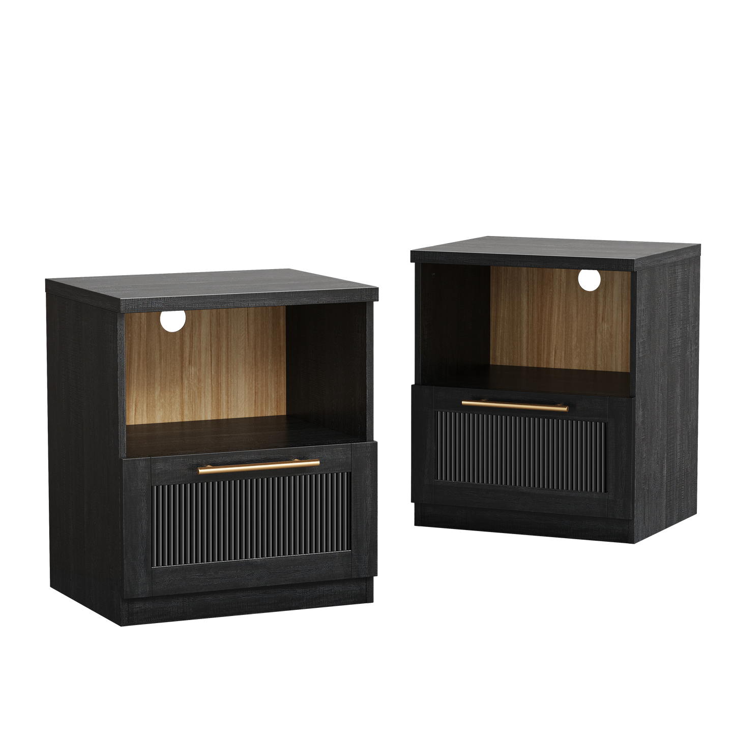 Harmo Block Black Wave-Panel Nightstand,set of 2