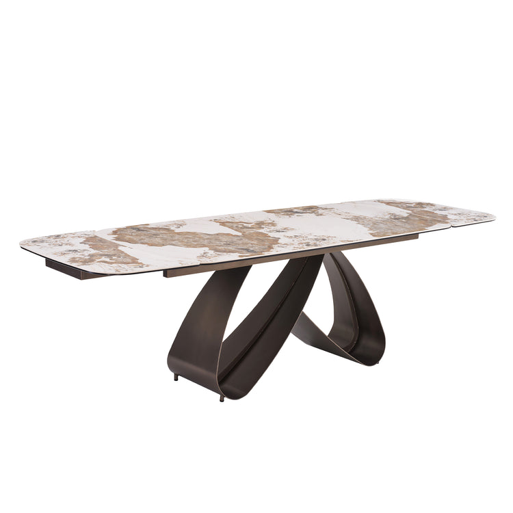 70.9"-102.4" Extendable Dining Table, Pandora Glossy Sintered Stone Modern Kitchen Table with Ribbon Loop Base