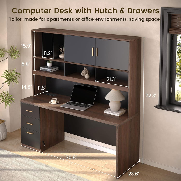 The desk measures 70.8 inches wide, 23.6 inches deep, and 72.8 inches high