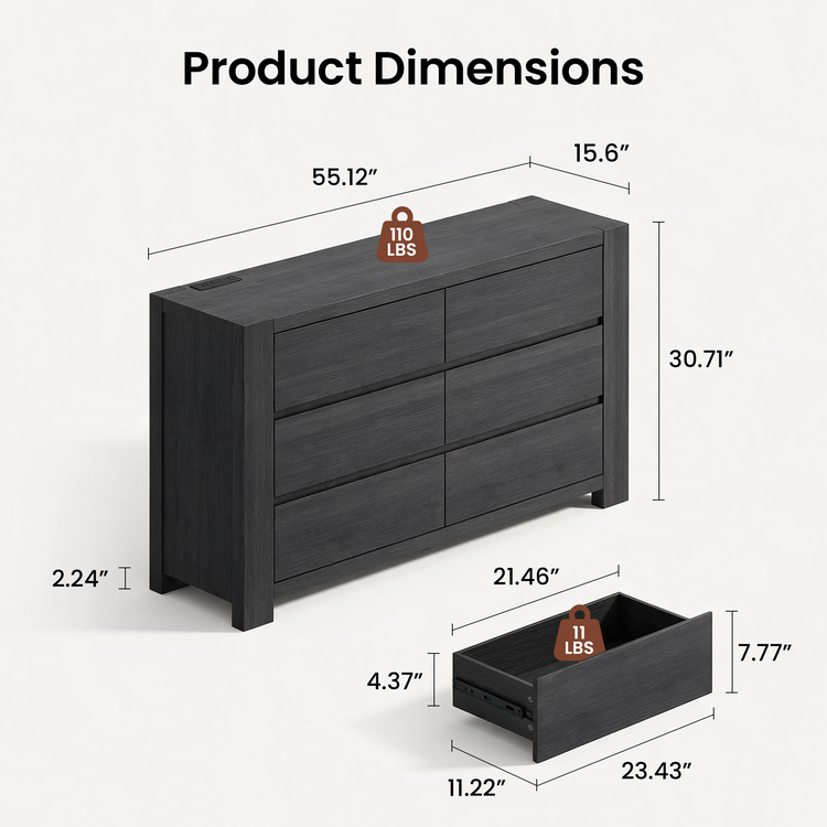 Dimension diagram of a dark gray six-drawer dresser measuring 55.12 inches wide, 15.6 inches deep and 30.71 inches high, with a separate drawer view and labels showing 110 lbs on top and 11 lbs per drawer.