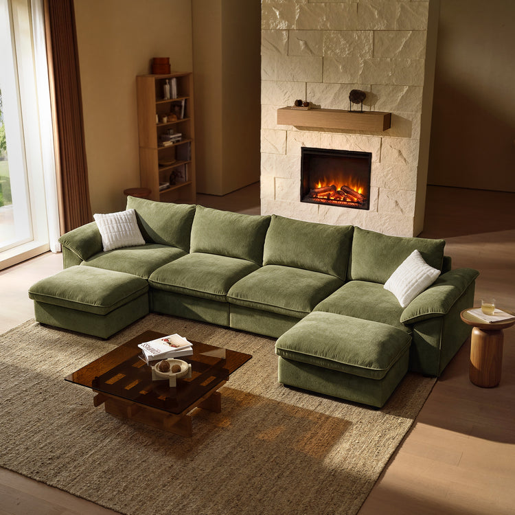 [Pre-sale]Dreamboat Modular Chenille U-Shape Sofa with Storage Ottoman, Green