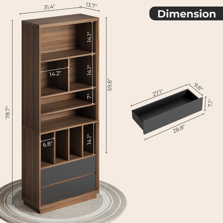 Librería de 78.7" de altura, estantería moderna de madera para exhibición con 9 cubos de almacenamiento abiertos