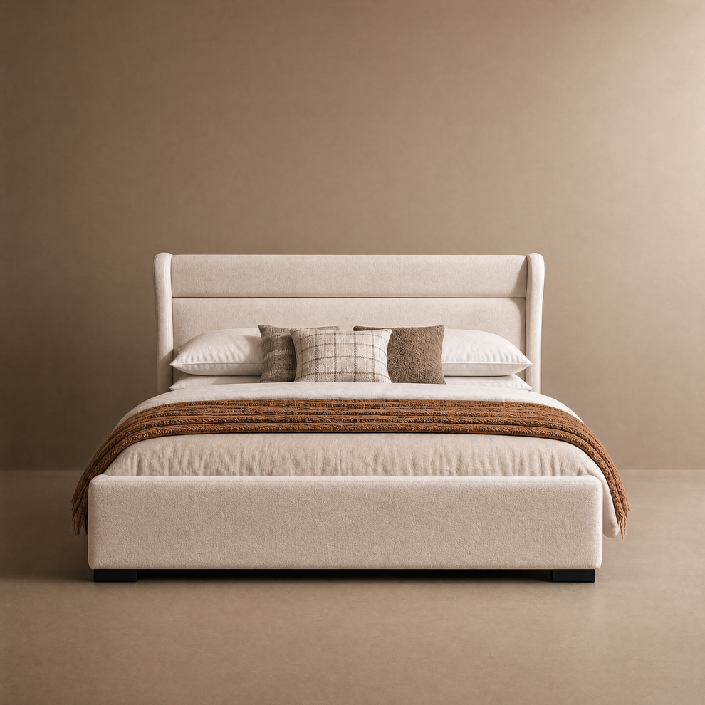 King Chenille Upholstered Bed with Wingback Headboard, Wood Slat Support