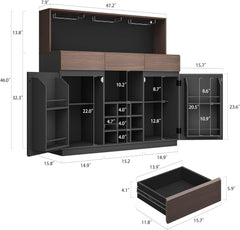 Dimension diagram of dark cabinet with open doors, drawers, and compartmented shelves, Separate drawer diagram appears below