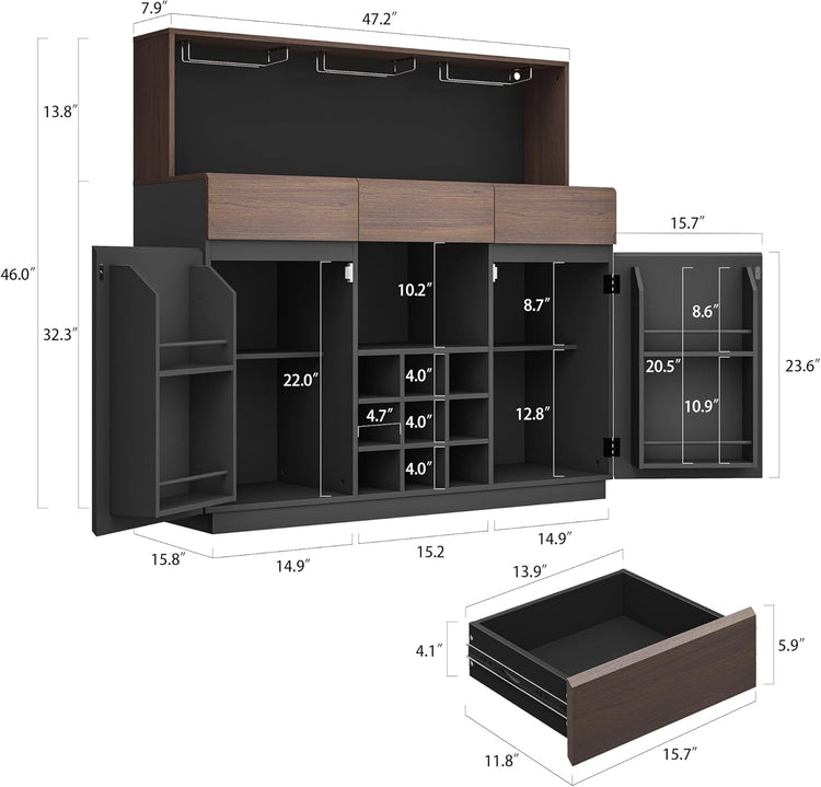 Dimension diagram of dark cabinet with open doors, drawers, and compartmented shelves, Separate drawer diagram appears below