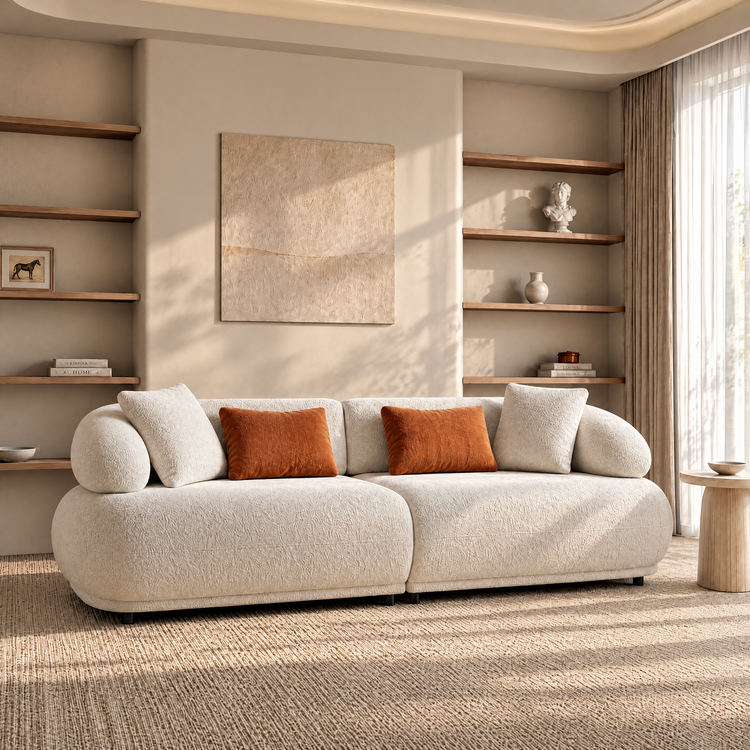 Cream Teddy Fabric 3-Seater Sofa with Cylindrical Armrests