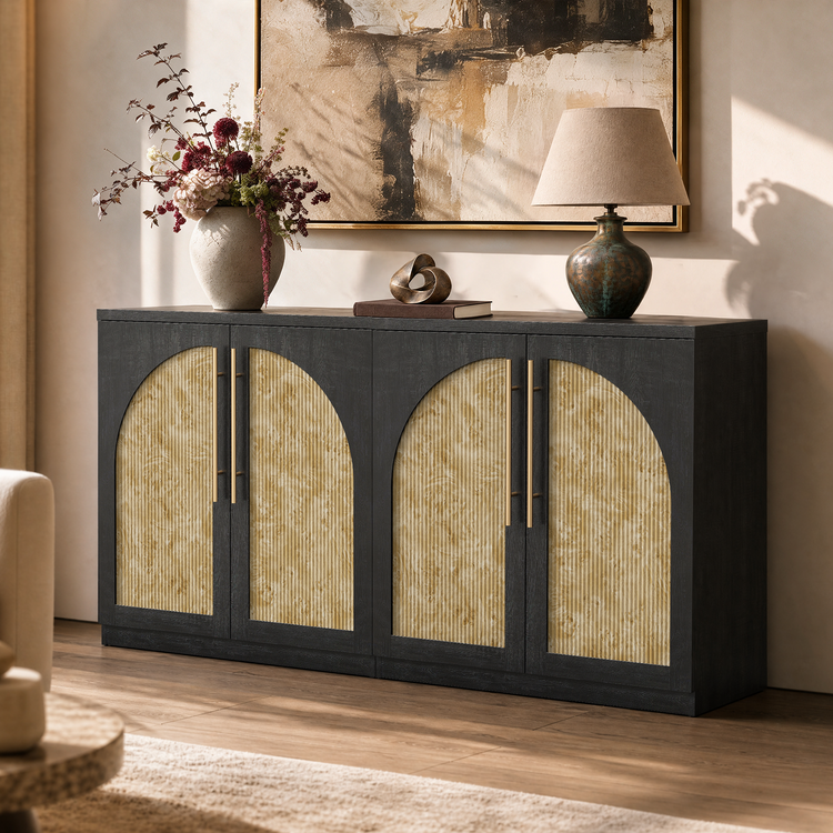 [Pre-Sale] Harmo Block 70" Arched Bookcase with Doors,  Hall Tree & Entryway Cabinet, Black&Burl Wood
