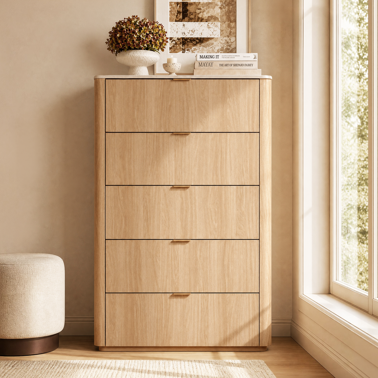48" Tall 5 Deep Drawer Dresser for Bedroom, Modern Chest of Drawers with Faux Travertine Top