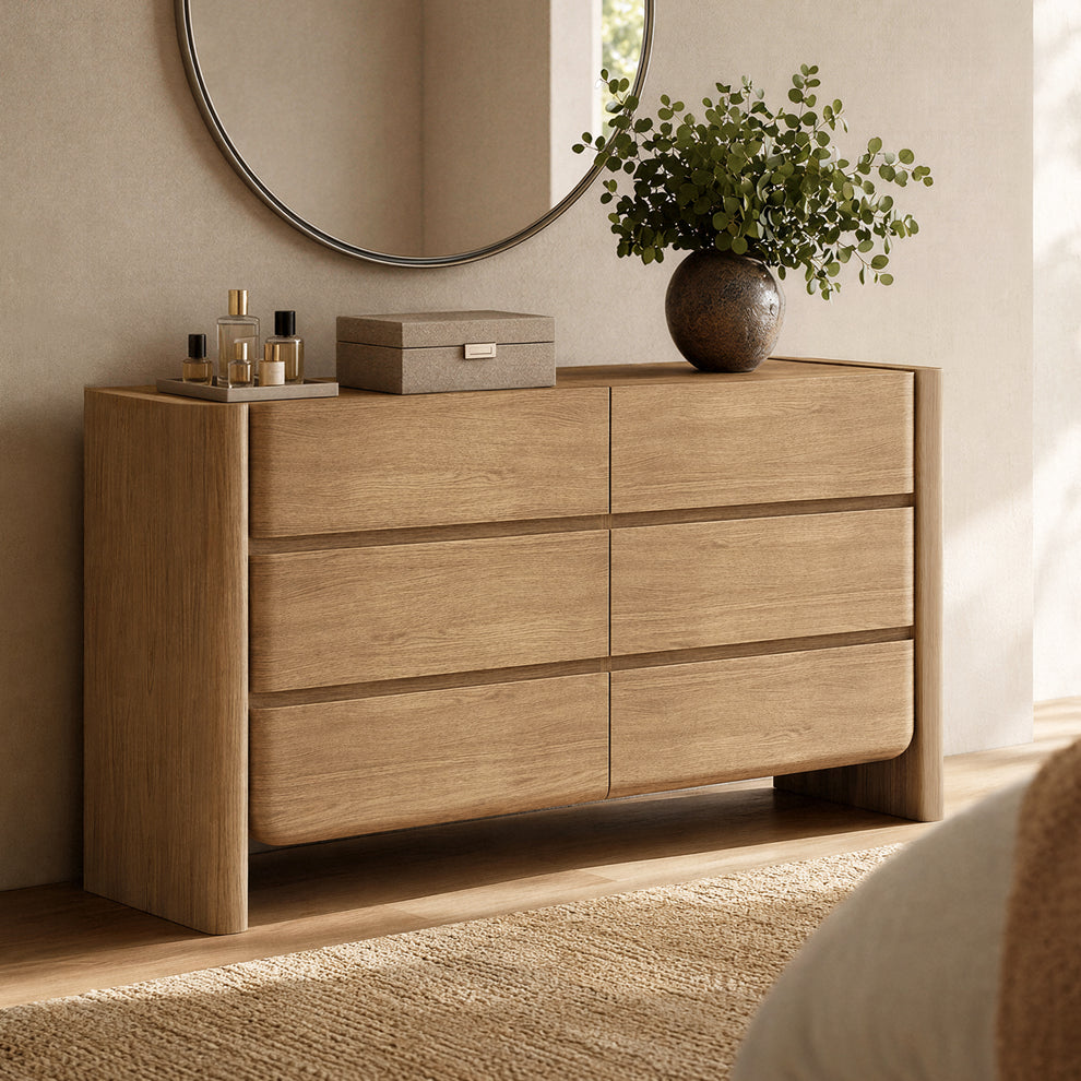 [Pre-Sale] 55 Inch 6 Drawer Curved Edge Dresser, Thick Rounded Side Panels