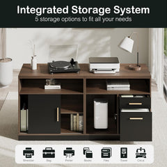 Dark wood-toned desk shown with several labeled storage compartments