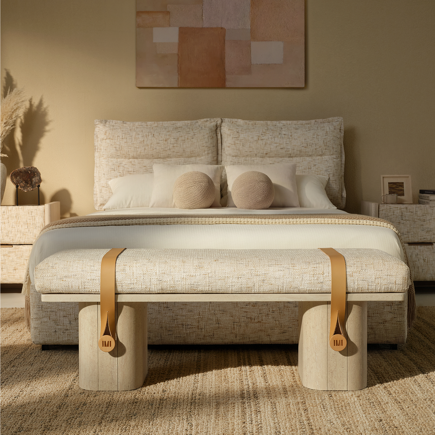 Freya Upholstered Bench, Sandstone Beige – Faux Travertine Base & Leather Accents