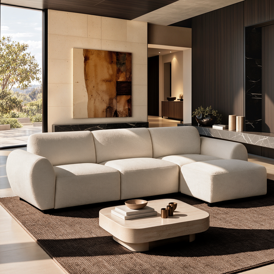 Cream sectional sofa with rounded arms and a right-side chaise in a sunlit living room, with a low coffee table, brown rug, abstract wall art and large windows.