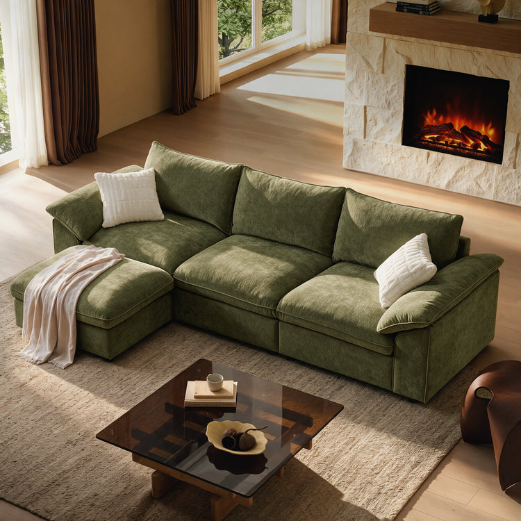 Sofá modular en forma de L Dreamboat de chenilla con otomana de almacenamiento, beige