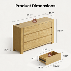 Dimension diagram of a light wood-grain six-drawer dresser, labeled 55.12 inches wide, 15.6 inches deep and 30.71 inches high, with a separate drawer detail and weight labels.