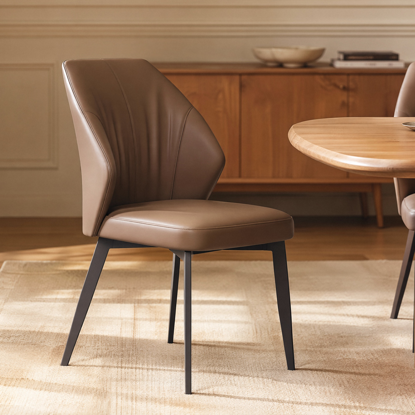 2-Pack Brown PU Leather Dining Chairs with Pleated Backrest