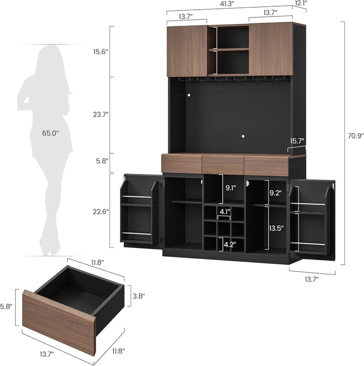 Whisper Series 71" Black Wine Bar Cabinet with LED & Storage