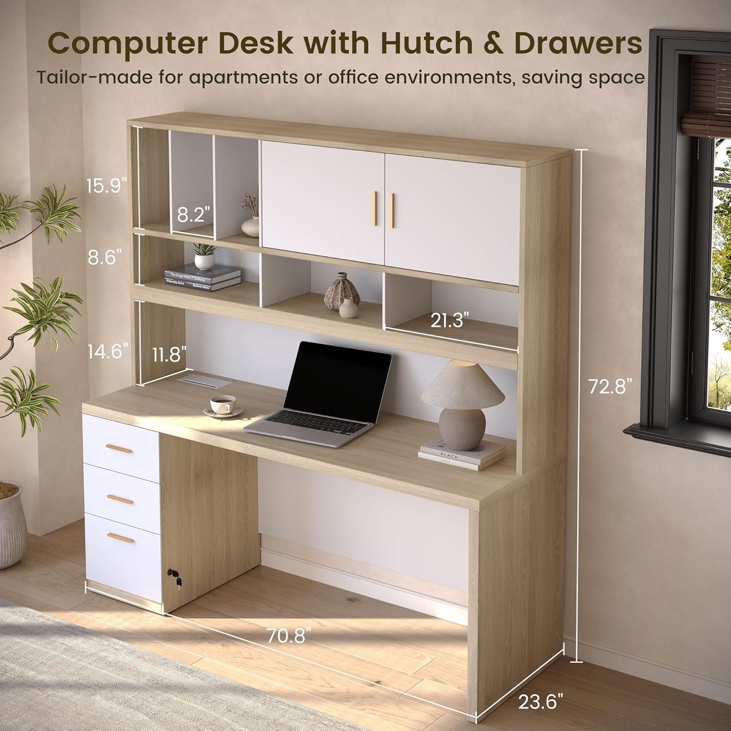 Soren 72.8" with Hutch & Storage Executive Desk, Light Walnut