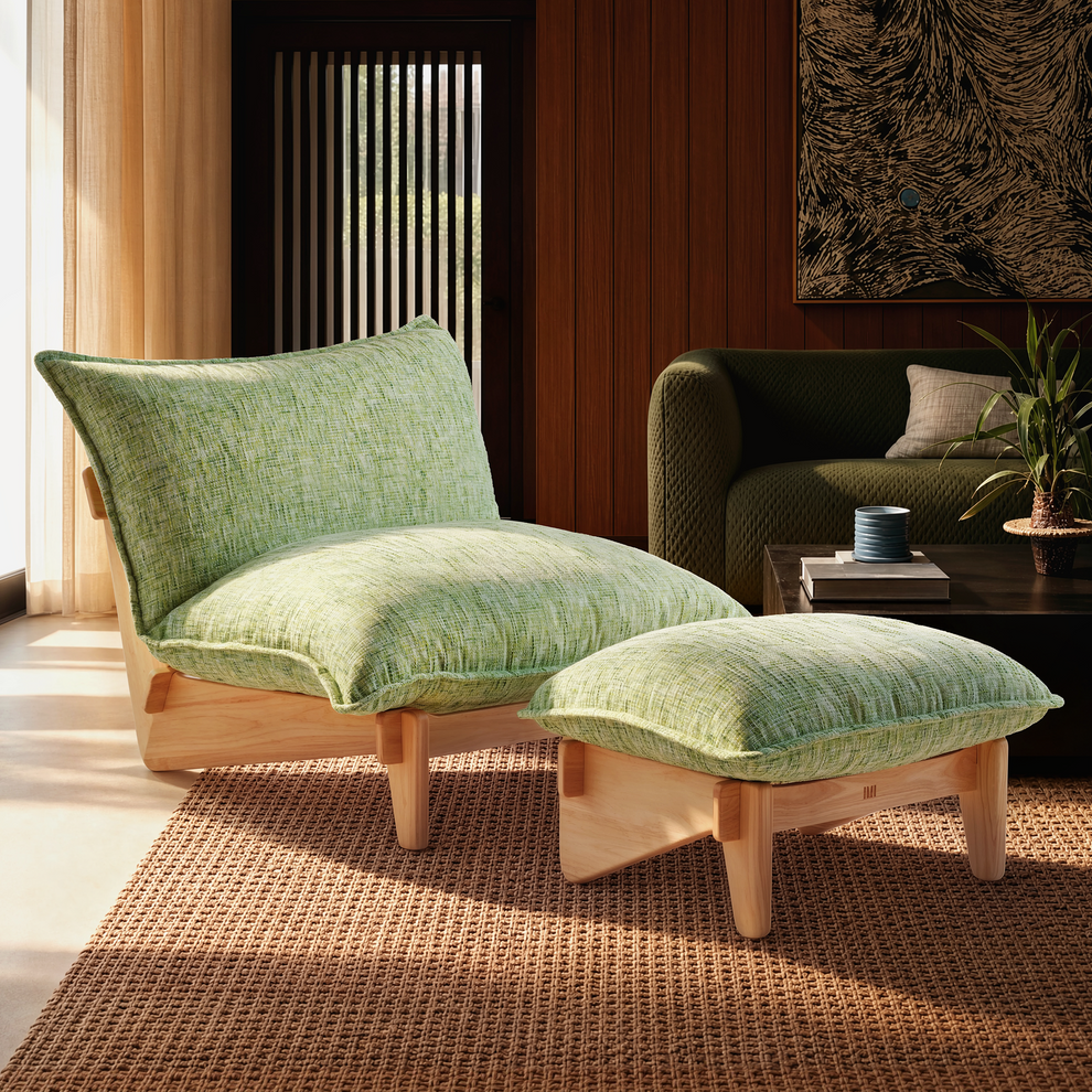 Accent Chair and Ottoman Set, Oversized Chenille Cloud Lounge Chair with Solid Wood Frame-Llia，Sage Green