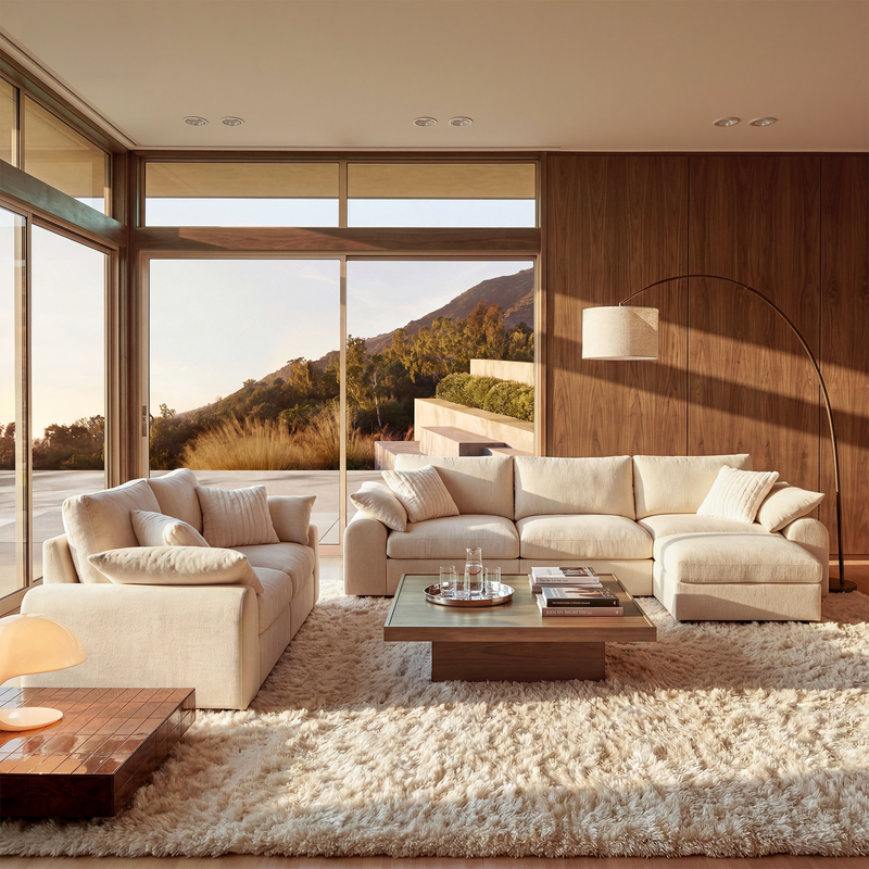 Beige sofa set with chaise and loveseat in a sunlit living room