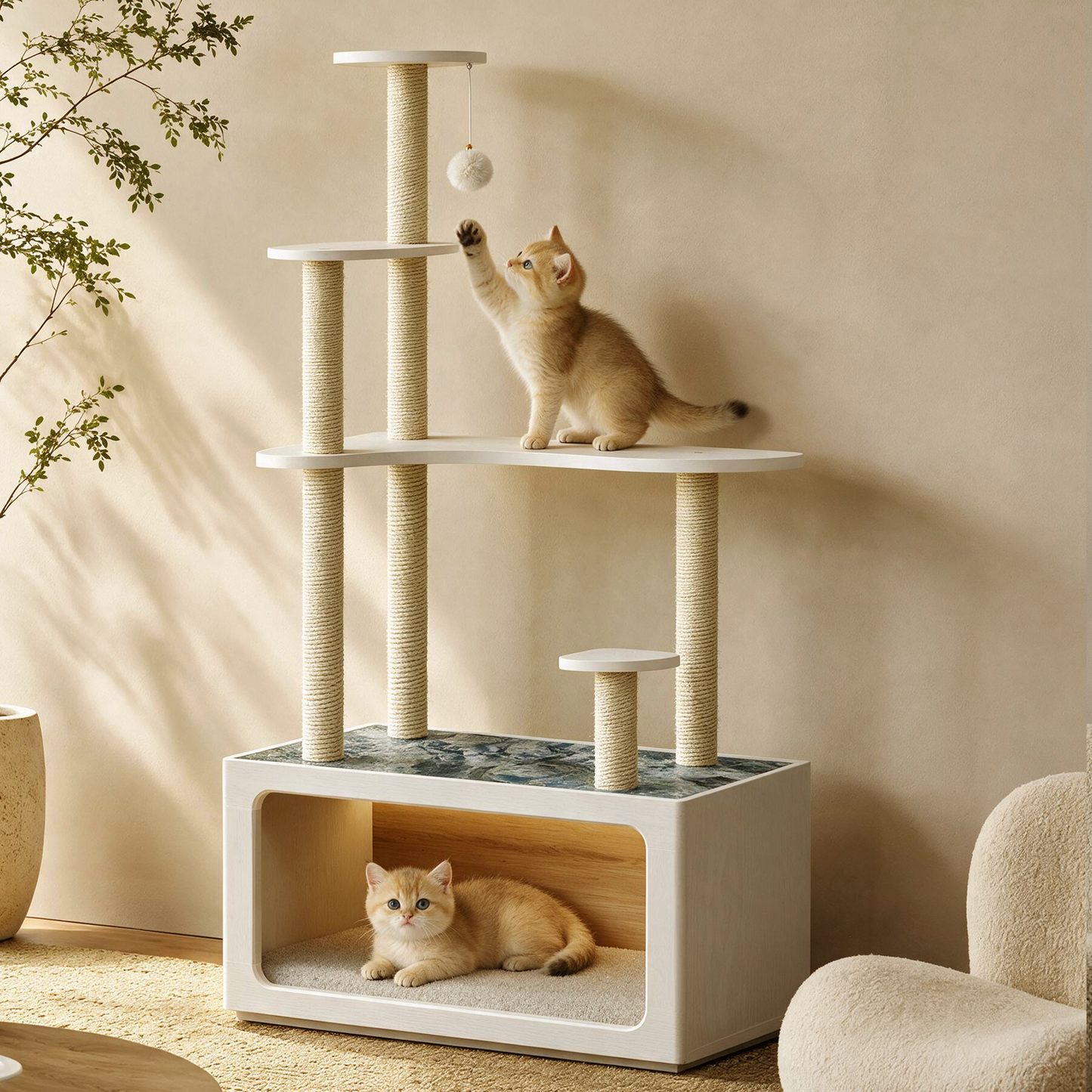 FlexMod 62.1" Modular Cat Tree with Cozy Cat House, Sisal Posts