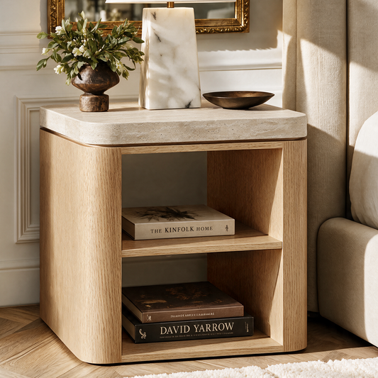 A light wood bedside table with two open shelves stands beside an upholstered chair; a lamp, flower arrangement, and shallow bowl sit on top.