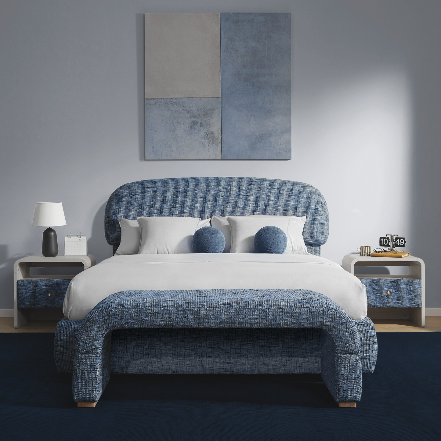 Dione 4-Piece King Storage Bedroom Set: Lift-Up Bed, 2 Nightstands & Bench, Harbor Depth Blue
