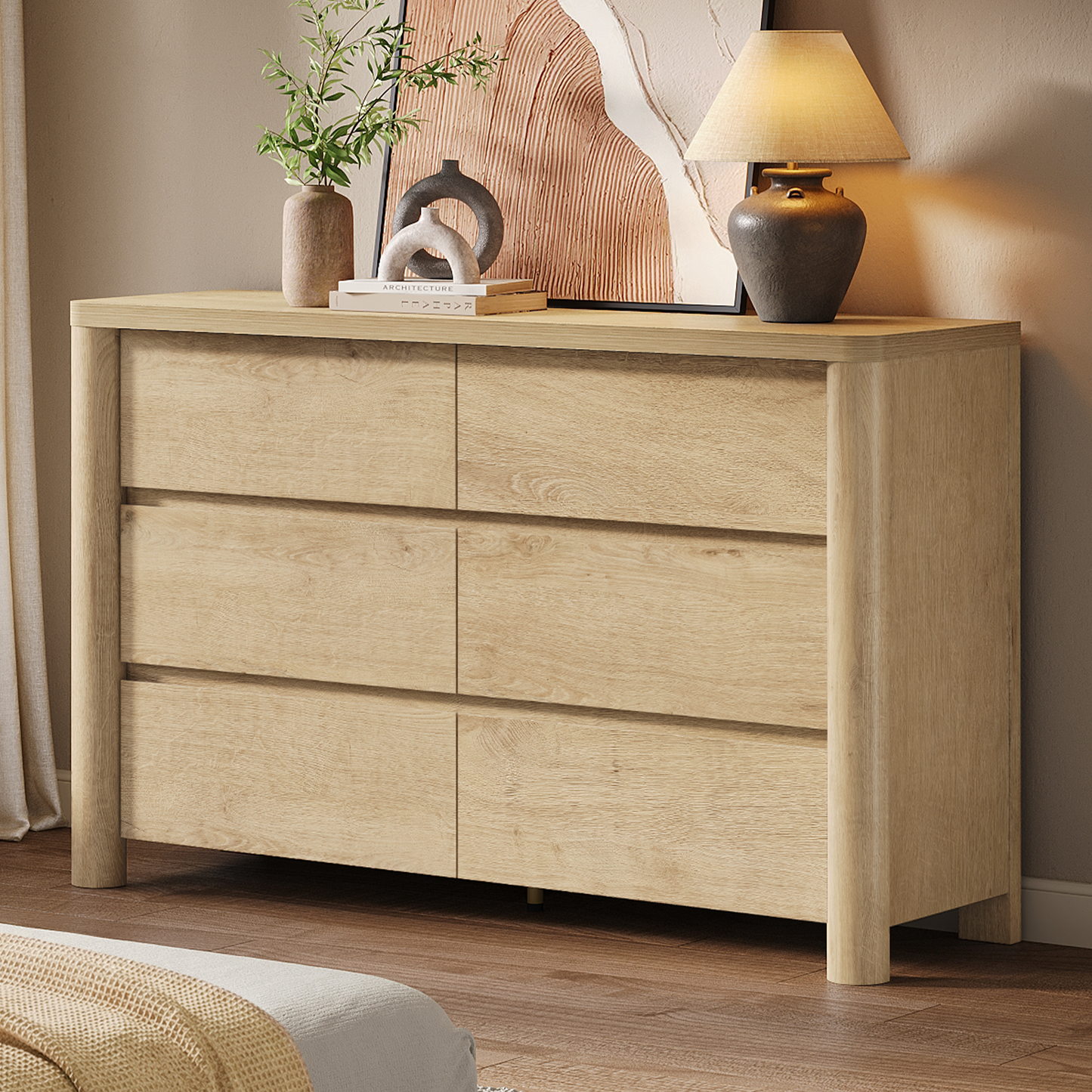 [Pre Sale] 52.8" Natural Wood Rounded 6 Drawer Dresser