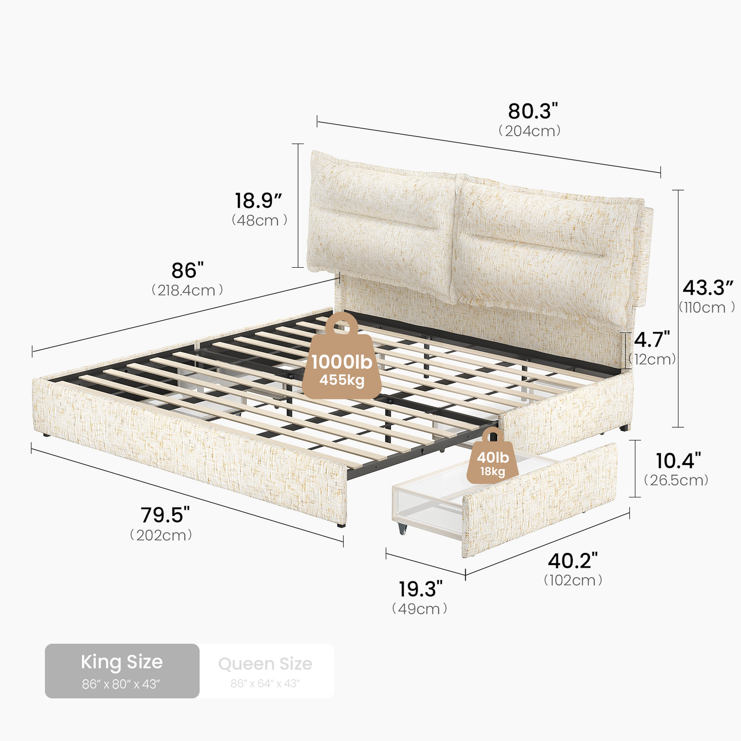 Freya King Upholstered Storage Bed Frame with 4 Drawers, Sandstone Beige
