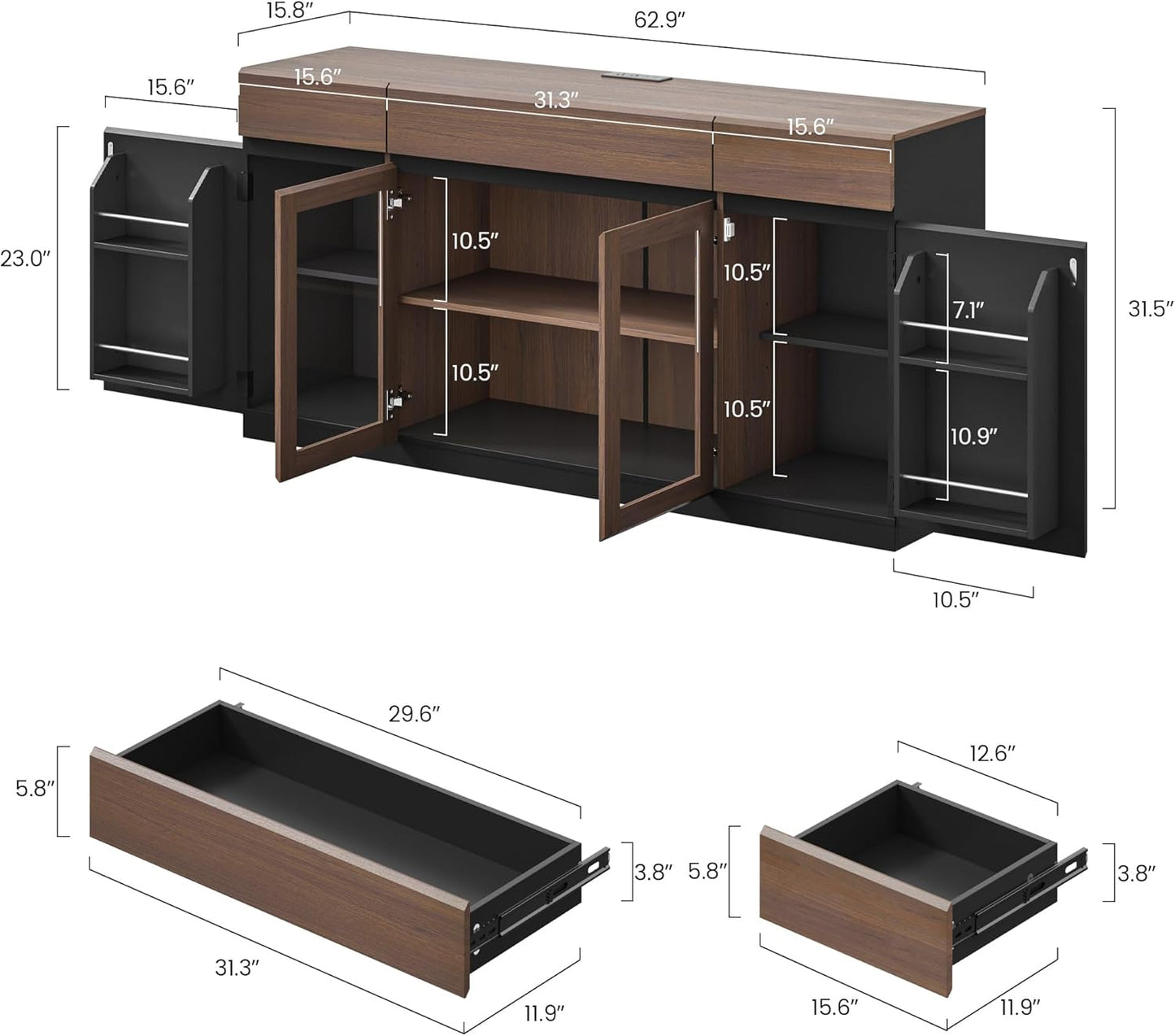 Whisper Series 60" Buffet Cabinet with LED, Glass Doors & Storage
