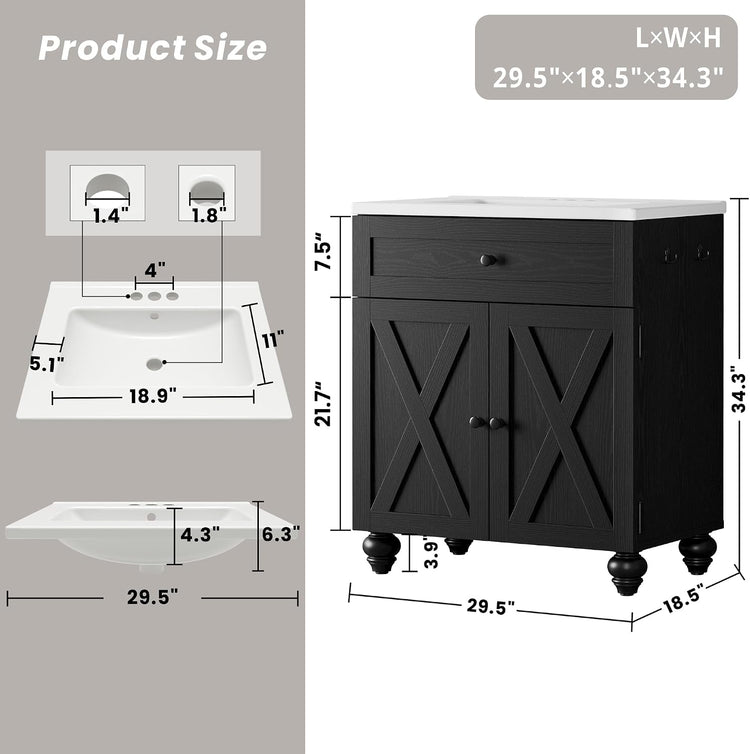 30" Bathroom Vanity with Sink 2-Tier Large Storage Areas