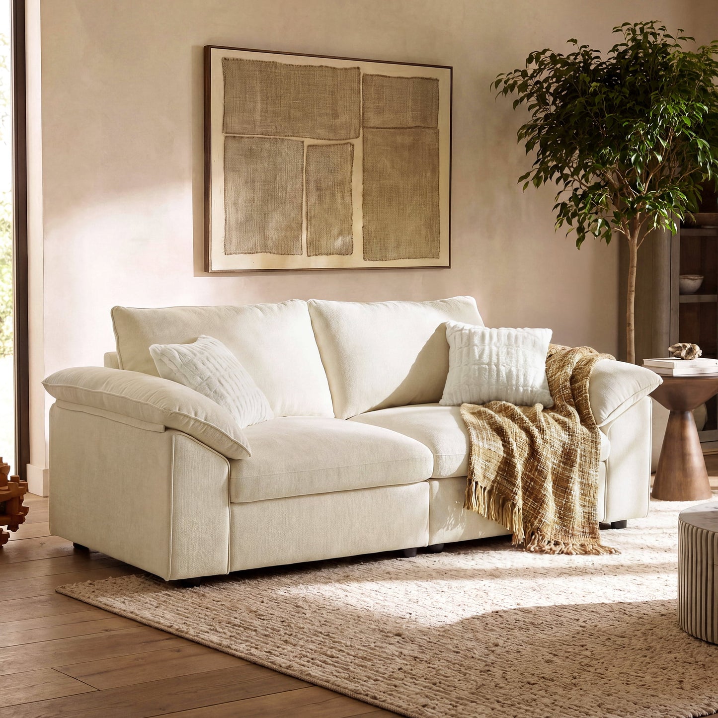 Dreamboat Modular Chenille Loveseat Sofa with Wide Arms,Beige