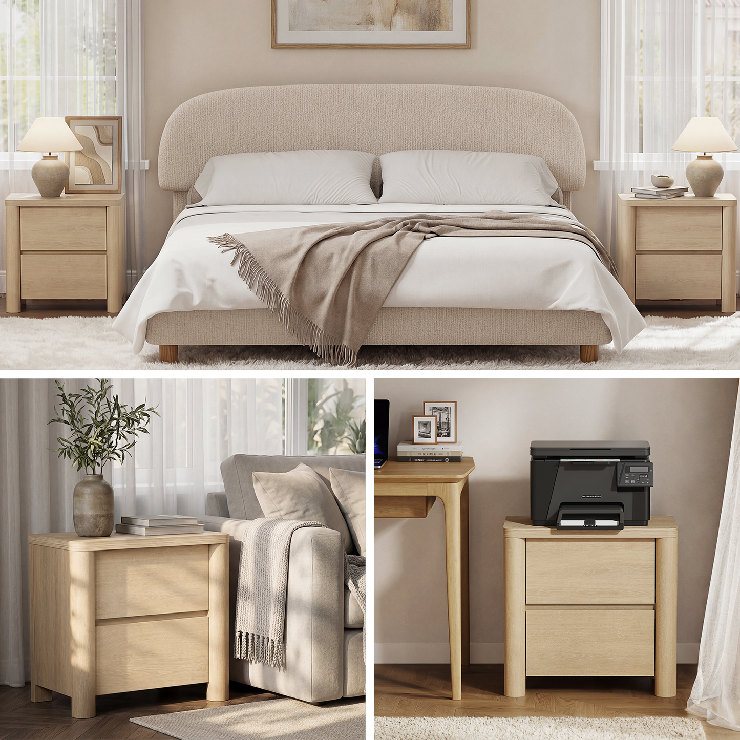 25.5'' Soft-Edge Natural Wood 2-Drawer Nightstand,Set of 2