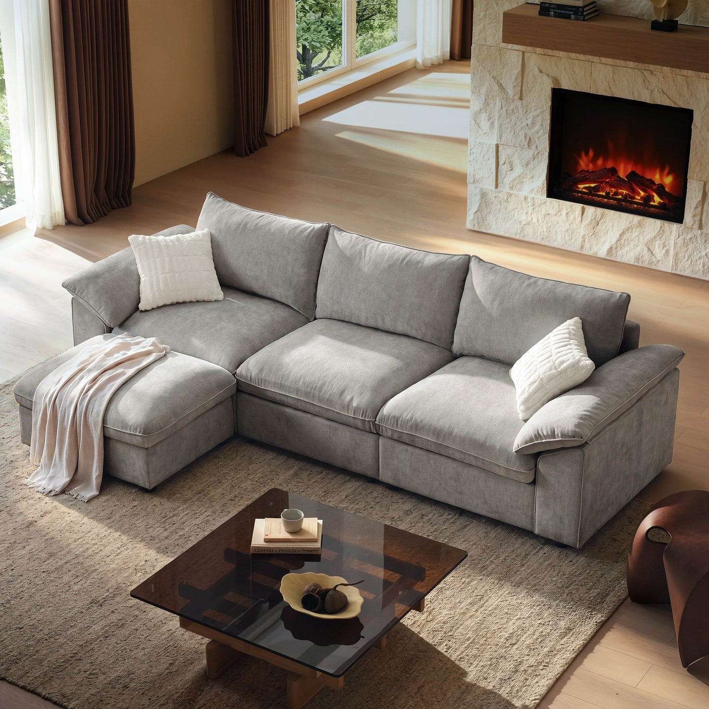 Dreamboat Modular Chenille L-Shape Sofa with Storage Ottoman,Gray