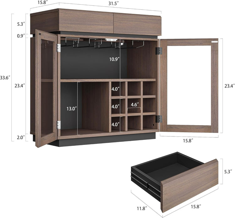 Dimension diagram of a brown bar cabinet with glass doors open, stemware racks, bottle cubbies, and a separate drawer