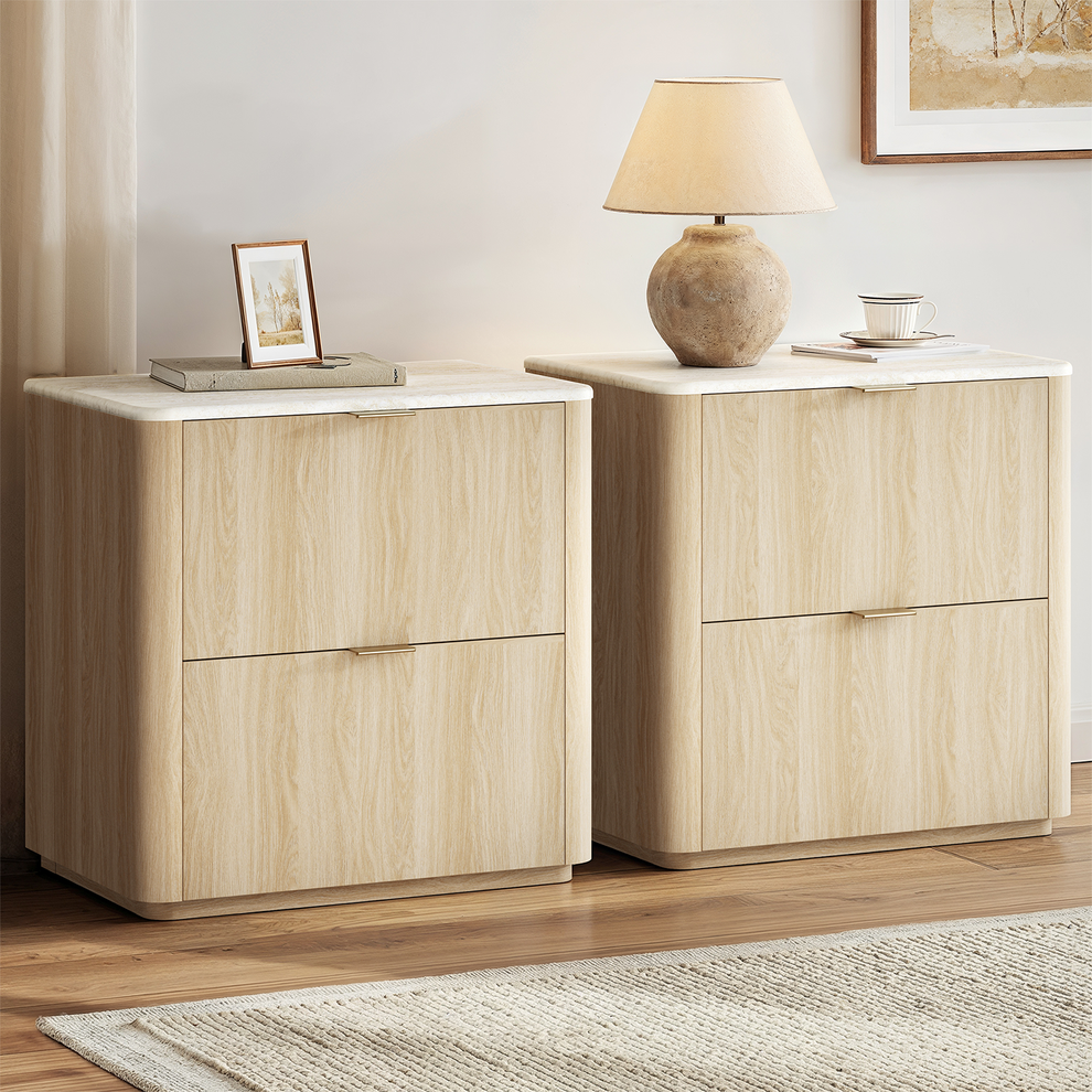 Two matching light wood-grain cabinets have rounded corners, Each front has two broad panels with slim pulls
