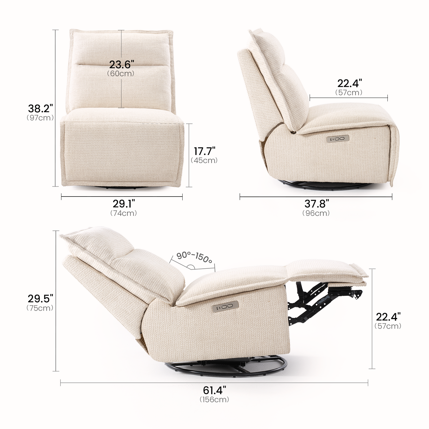 Bello Armless Power Recliner with USB-C Charging - Beige