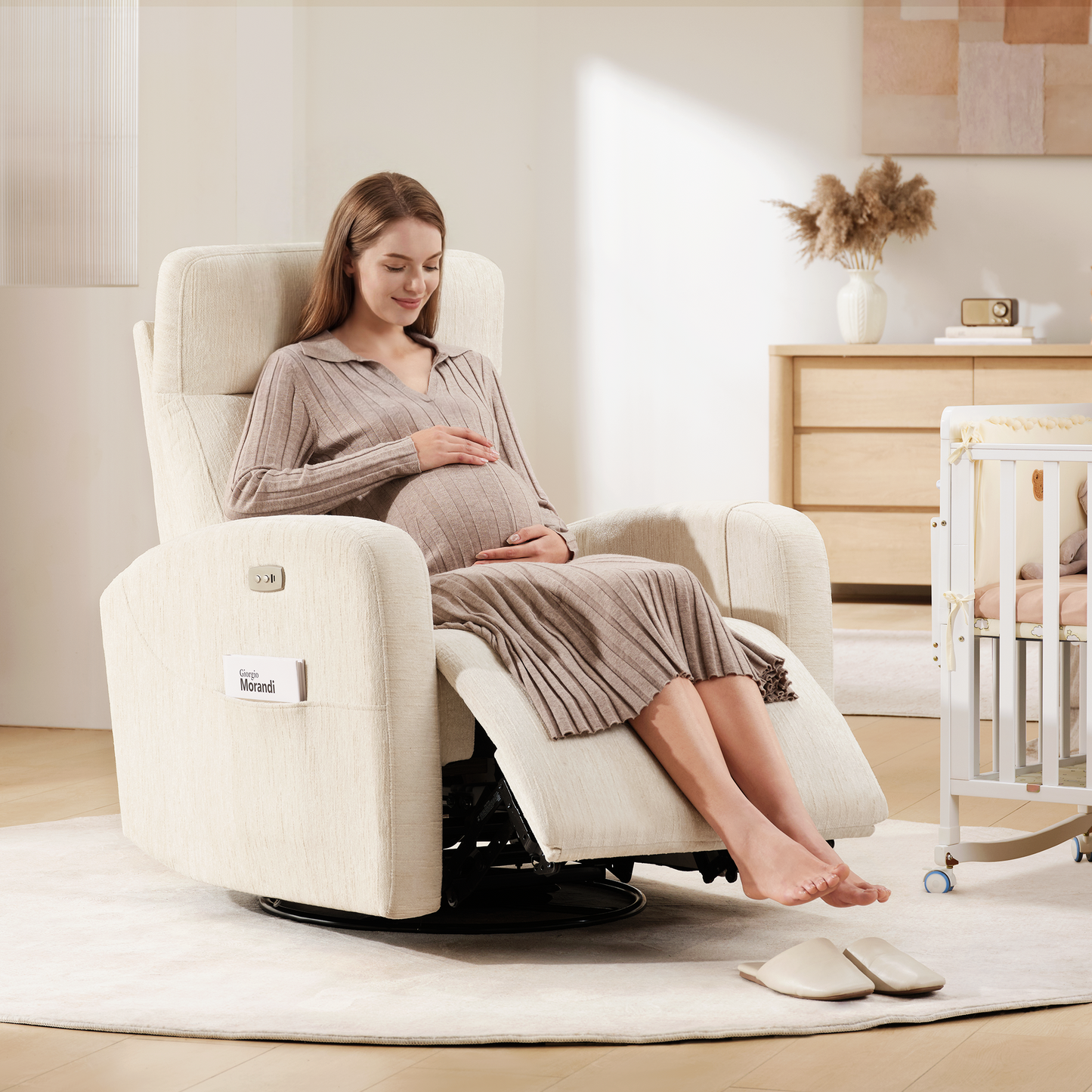 Nursery Power Swivel Glider Recliner with Adjustable Headrest & USB-C、Beige