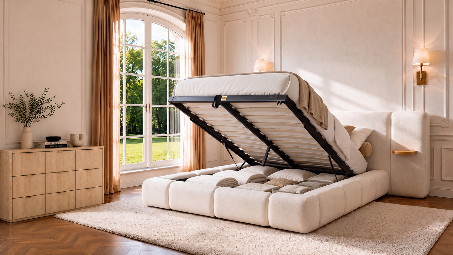Cloud Cream King Lift-Up Storage Bed Frame with Built-in Nightstands