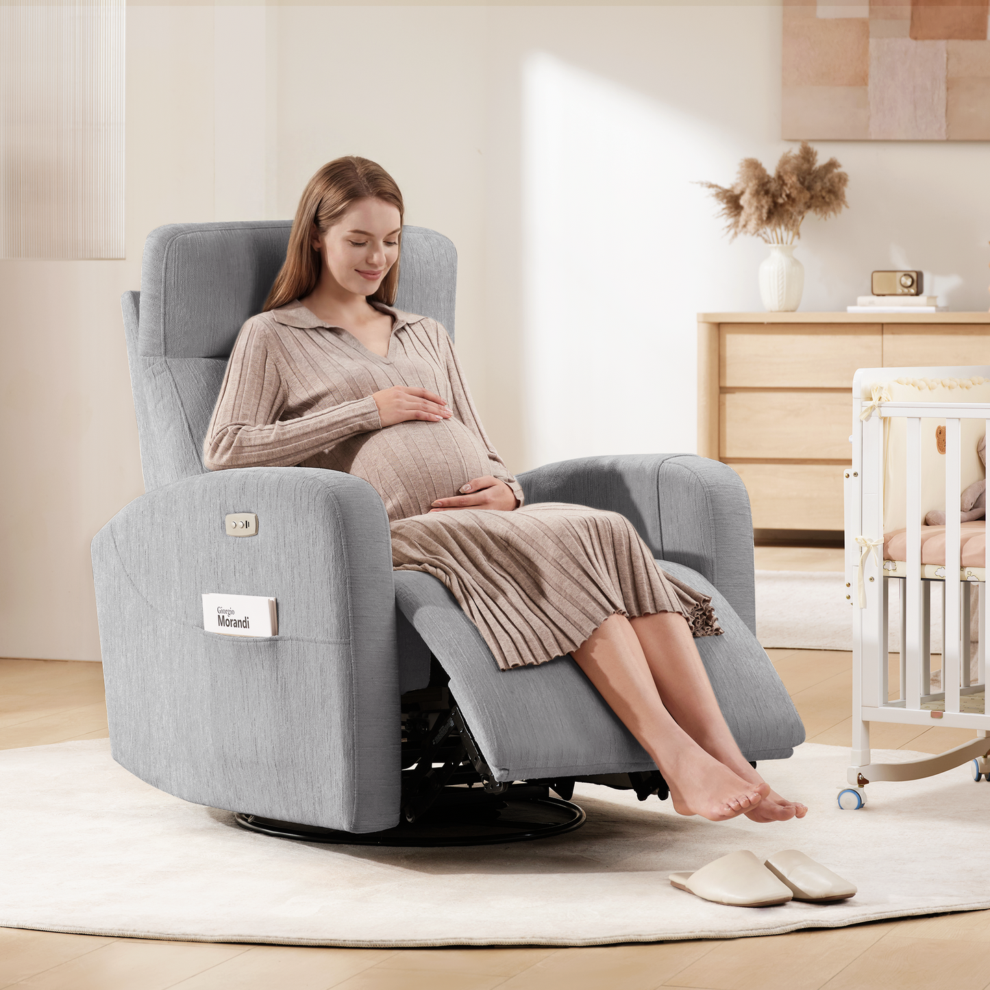Nursery Power Swivel Glider Recliner with Adjustable Headrest & USB-C、Grey
