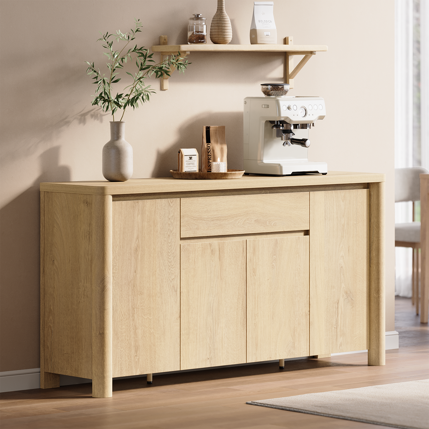 63" Sideboard Cabinet with Thick Top, Rounded Corners & Legs