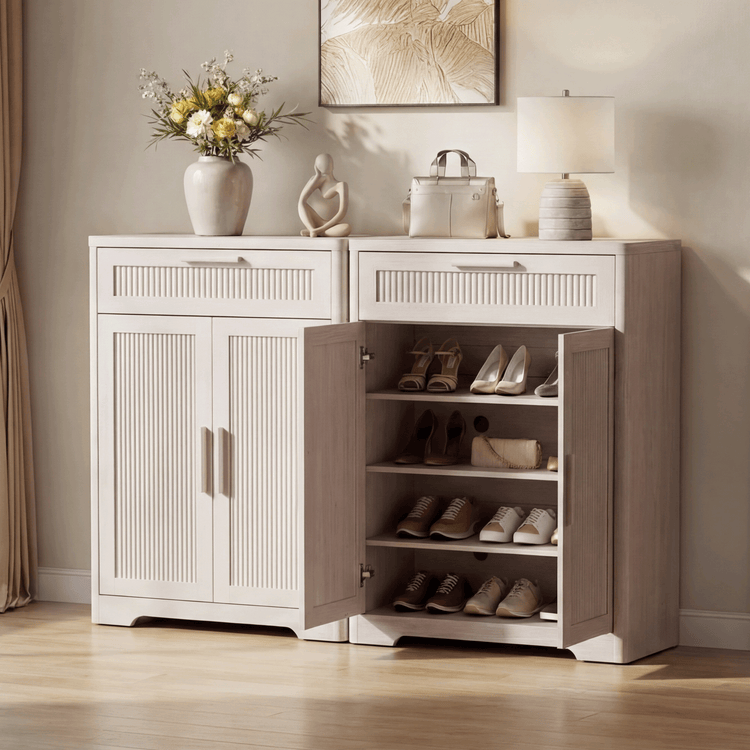 White shoe cabinets shown with storage open