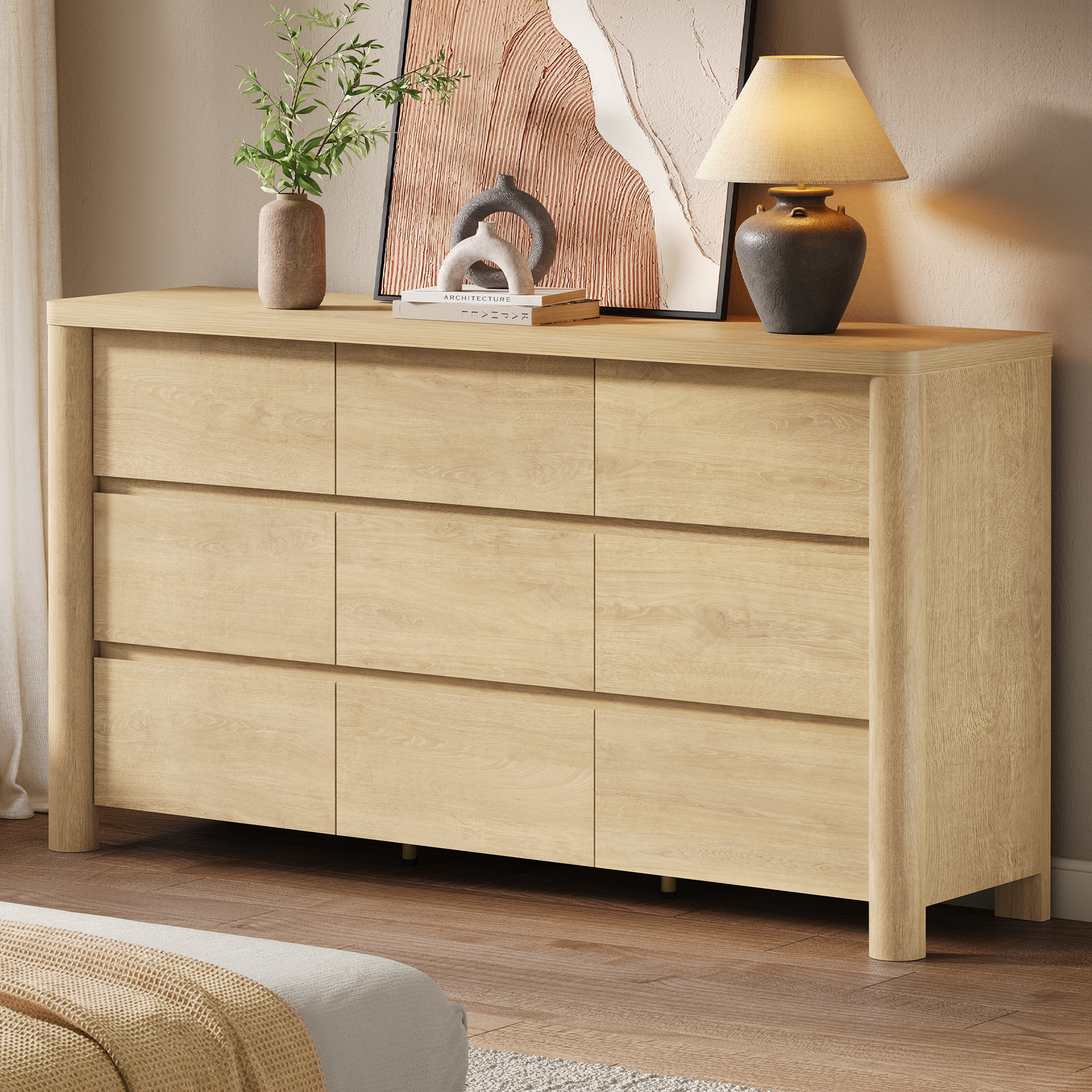 63" 9-Drawer Dresser with Thick Top and Round Legs